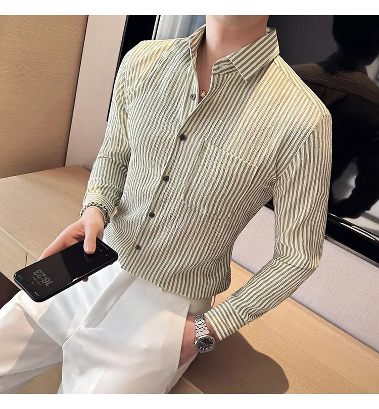 Camisa Social Masculina Slim Fit Listrada Verde Menimau Dimitri