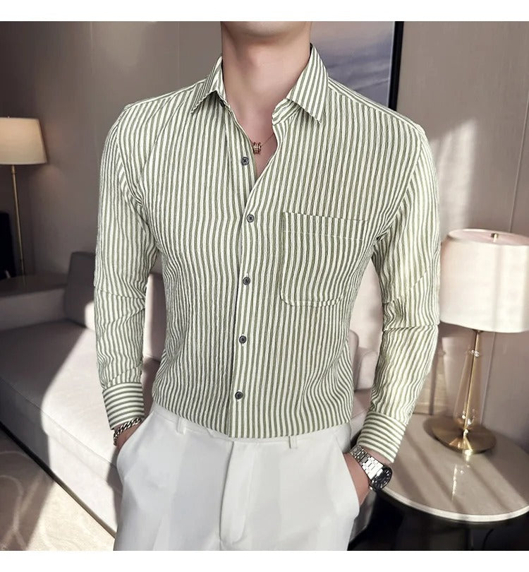 Camisa Social Masculina Slim Fit Listrada Verde Menimau Dimitri