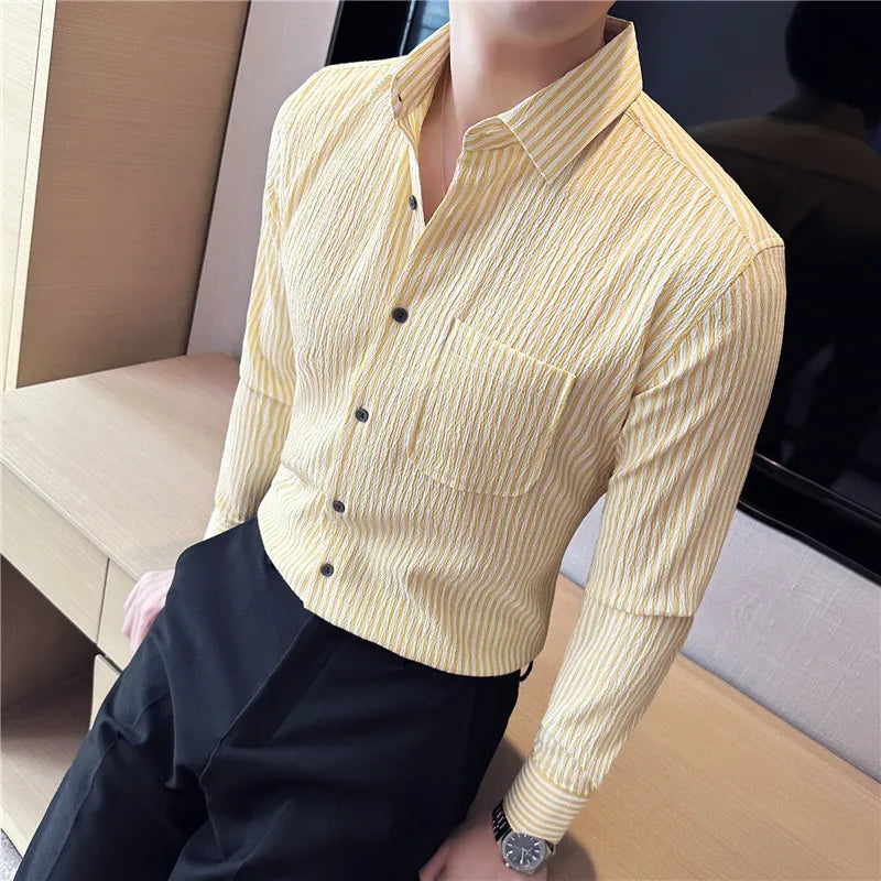 Camisa Social Masculina Slim Fit Listrada Amarela Menimau Dimitri