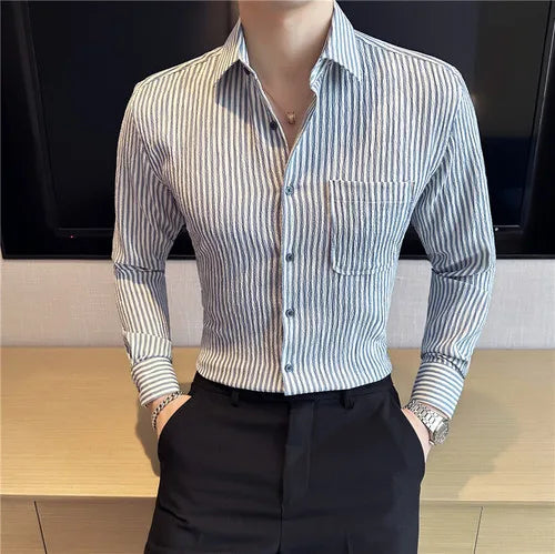 Camisa Social Masculina Slim Fit Listrada Azul Menimau Dimitri