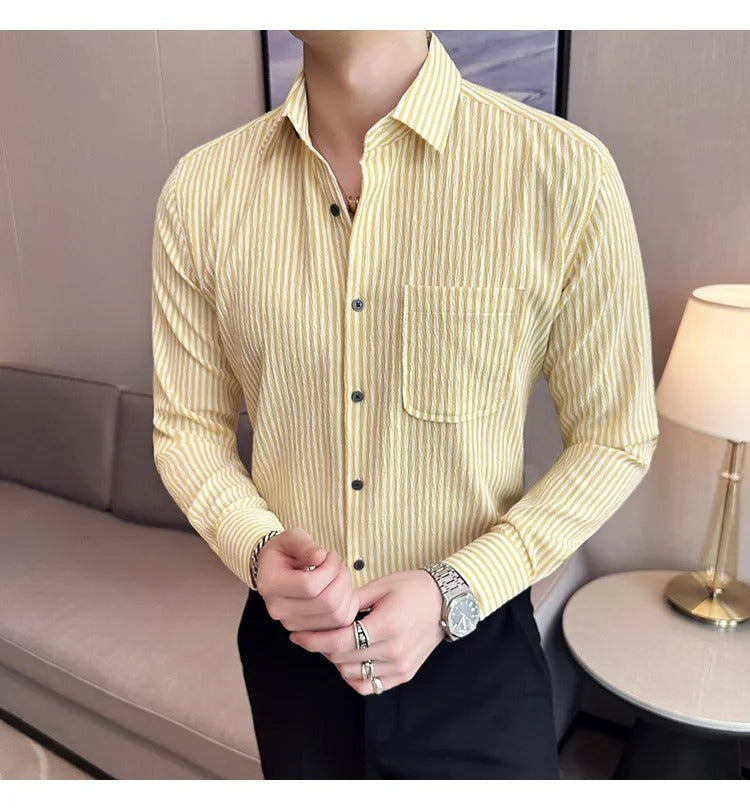 Camisa Social Masculina Slim Fit Listrada Amarela Menimau Dimitri