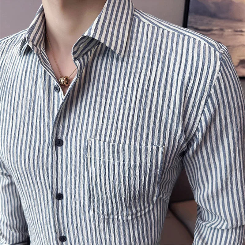 Camisa Social Masculina Slim Fit Listrada Azul Menimau Dimitri