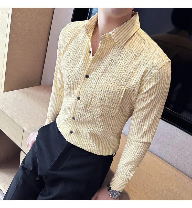 Camisa Social Masculina Slim Fit Listrada Amarela Menimau Dimitri