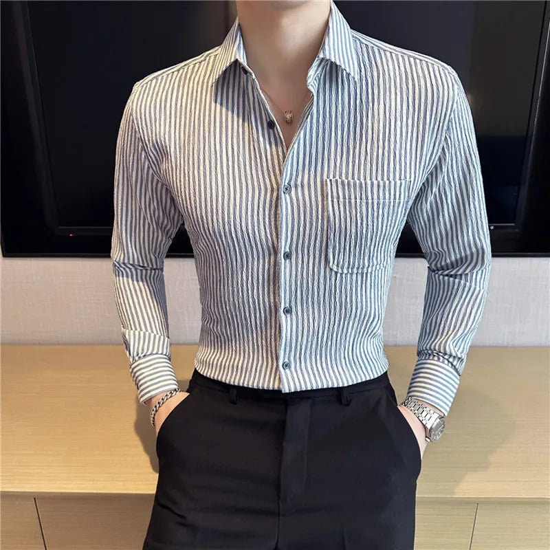 Camisa Social Masculina Slim Fit Listrada Azul Menimau Dimitri