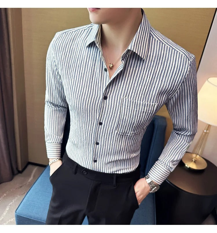 Camisa Social Masculina Slim Fit Listrada Azul Menimau Dimitri