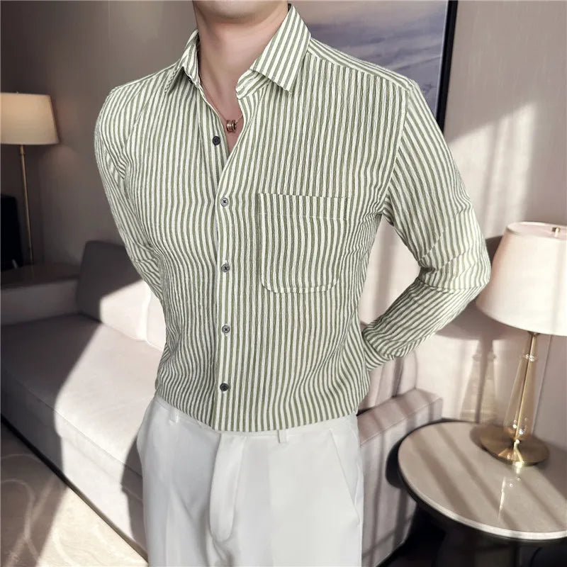 Camisa Social Masculina Slim Fit Listrada Verde Menimau Dimitri